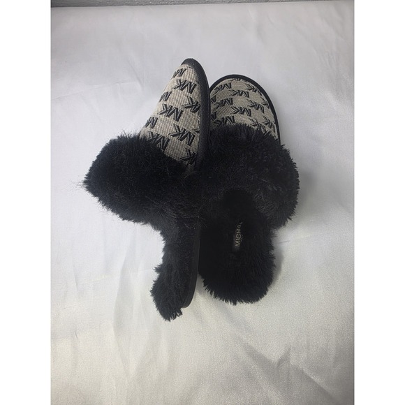 MICHAEL KORS Logo Woman's 8 MK Slide Black Gray Faux Fur Slippers Soft - Picture 4 of 7